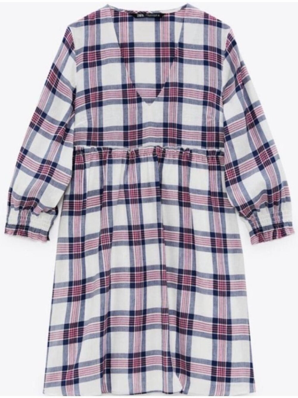 NWT Zara Plaid Babydoll Mini Dress Women’s XS V Neck Blue Red White Lined Boho
